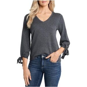 🍁 CeCe Tie Sleeve V-Neck Sweater, 100% Cotton, Heather Grey